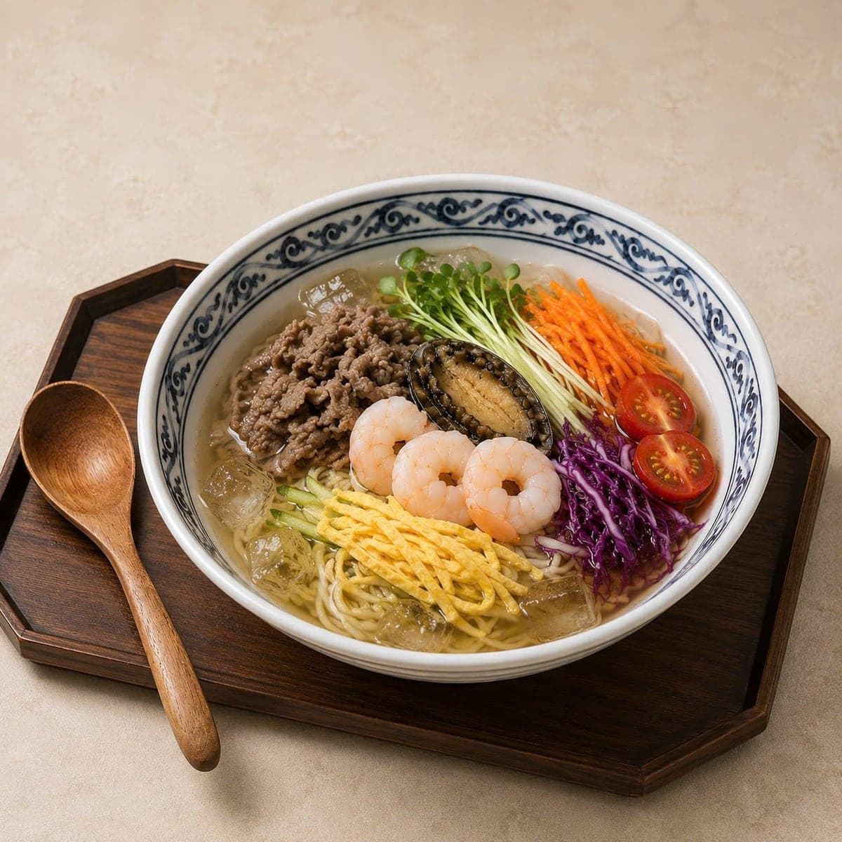 Mì lạnh kiểu Hàn-Trung tại DOYA JJAMBBONG Quận 1 với thịt bò, tôm, bào ngư, rau và đá lạnh